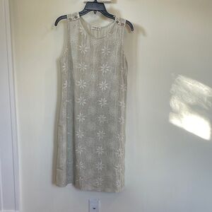 Terzo Millennio Linen Dress S Beige Embroidered Floral Shift Sleeveless Italy